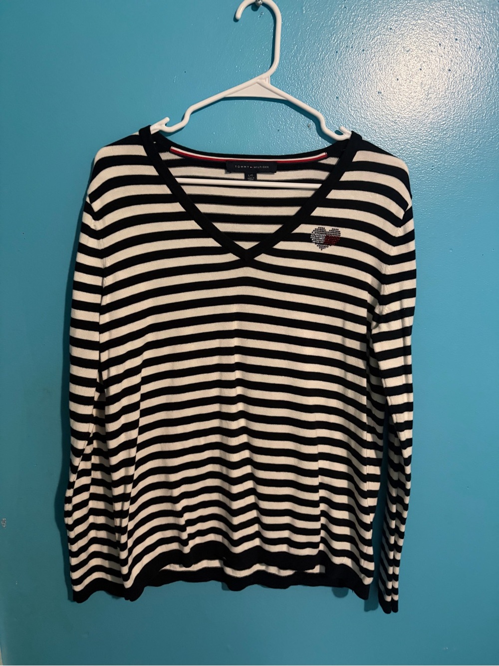 Tommy Hilfiger Black & White Striped V-Neck Sweater with Heart Patch